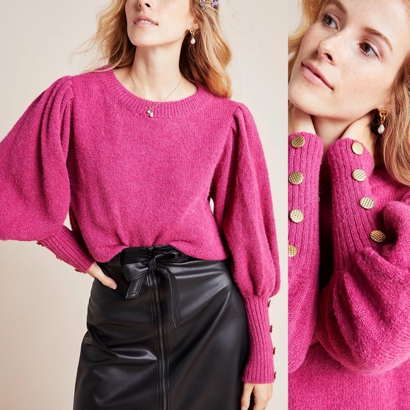 Stella Pardo Liam Button Cuffed Sweater Superfine Alpaca Pink Balloon Sleeve - Picture 1 of 10